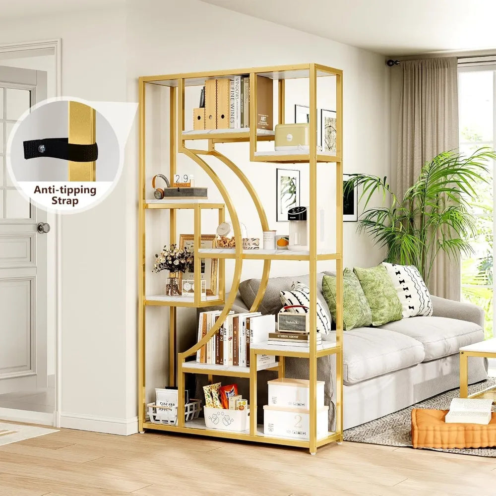 Large 5-Tier Gold Bookshelf, 70.9 High with 18 Open Shelves, Modern Industrial Bookcase for Living Spaces and Offices