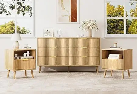 Natural Oak Dresser and Nightstand Set for Bedroom, Modern 3 Pieces Bedroom Furniture Set with Fluted Panel, Large 6 Drawer Dre