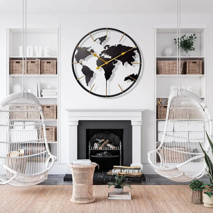 World Map Wall Clock, Metal Minimalist Modern Clock, Round Silent Non-Ticking Battery Operated Wall Clocks for Living Room/Home.