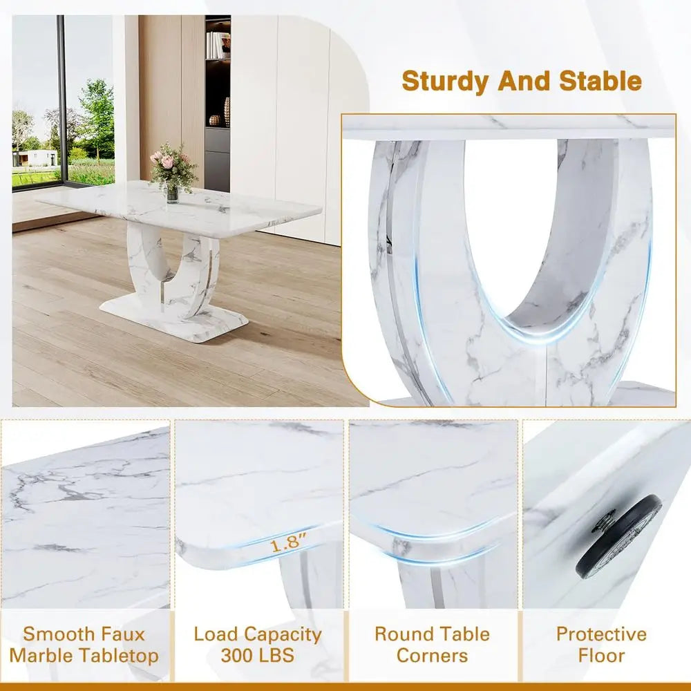 Faux Marble Dining Table Set for 6, 63 White Rectangular Kitchen Table with Elegant UShaped Pedestal Base amp 6 Tufted Upholste
