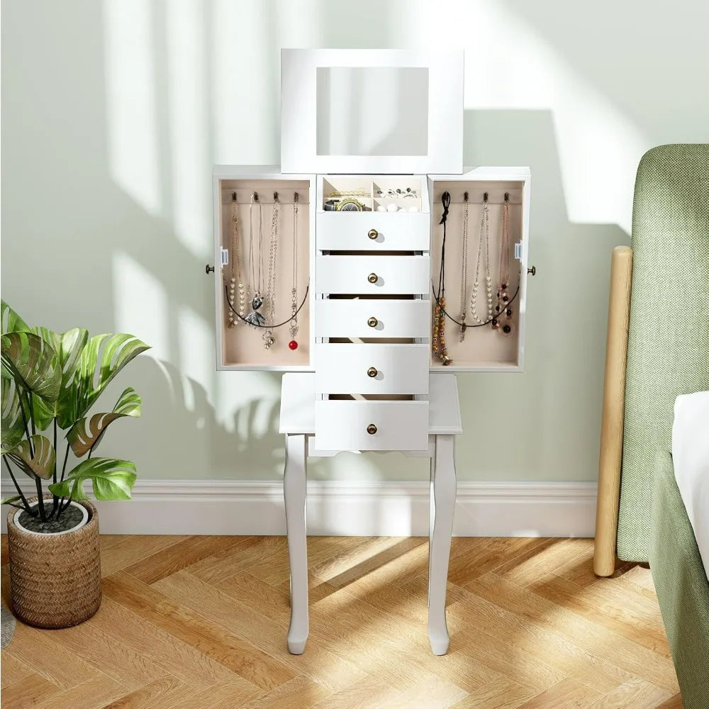 White Standing Jewelry Armoire Cabinet with 4 Drawers Flip Top Mirror Top Compartments 2 Side Doors 8 Necklace Hooks Freestandin