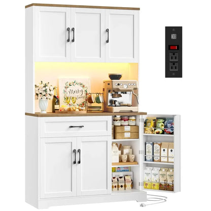 71" LED Pantry Cabinet with Power Outlet, Tall Kitchen Hutch Storage Cabinet with Microwave Stand &amp; 6 Door Shelves,, Customized