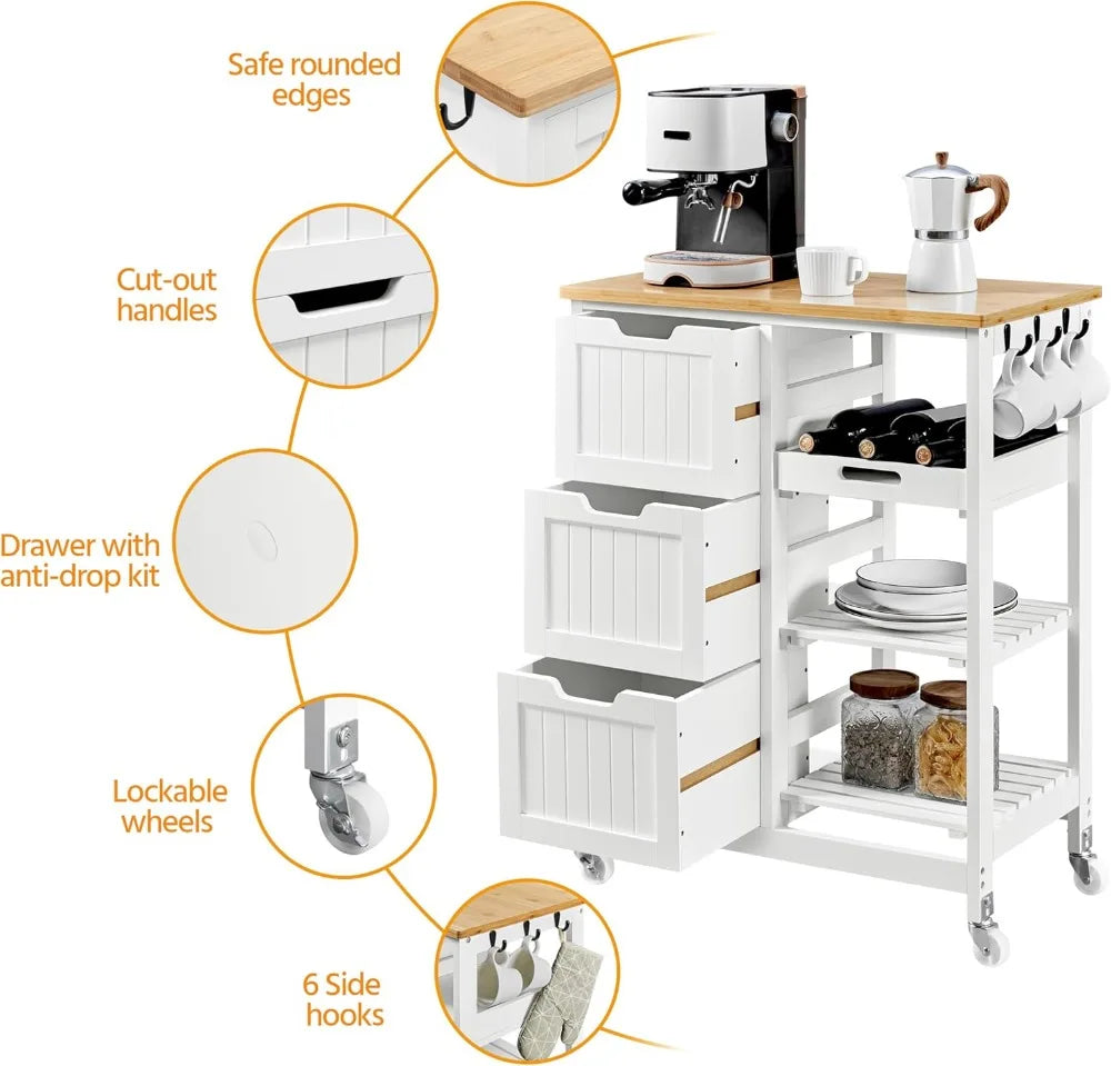 Kitchen Island Cart on Wheels, Rolling Storage Cart with Bamboo Countertop, 3 Drawers, 3 Removable Shelves &amp; Lockable Casters