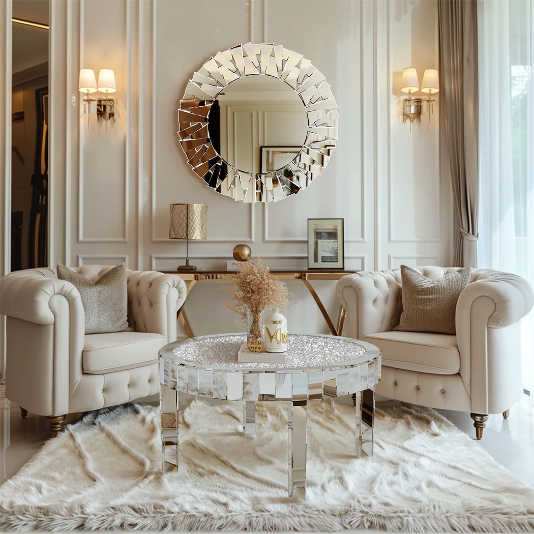 ARTLOGE Mirrored Glass Top Coffee Table With Diamond Accent