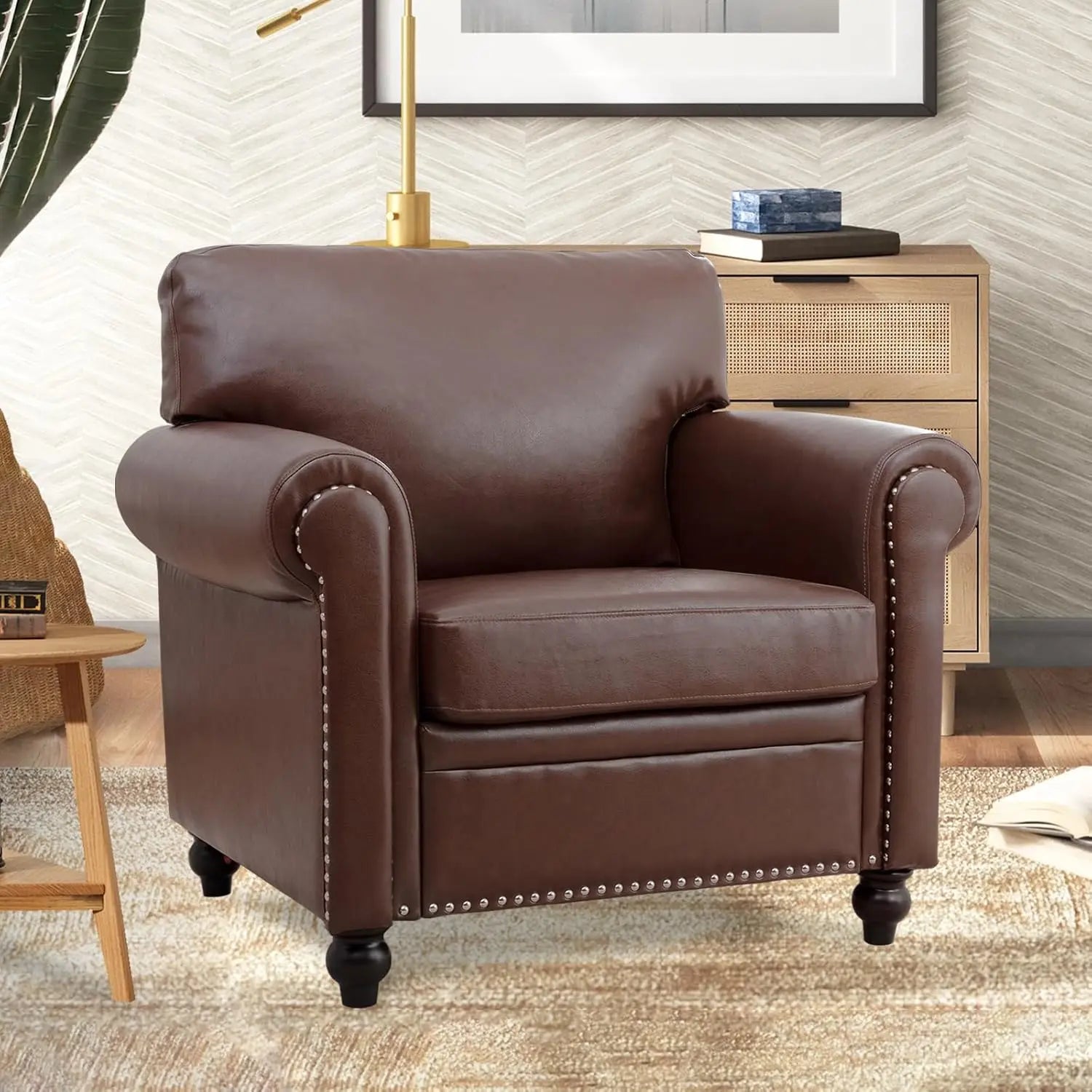 Brown Faux Leather Chair，Mid Century Modern Accent Chair Set for Office Bedroom Living Room with Deep Seats Detachable Cushions