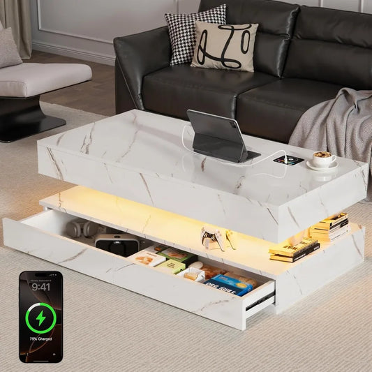 47.2" Coffee Tables with Storage Drawers,Smart Living Room Table with Wireless Charging & Bluetooth Speaker,Modern Center Tables