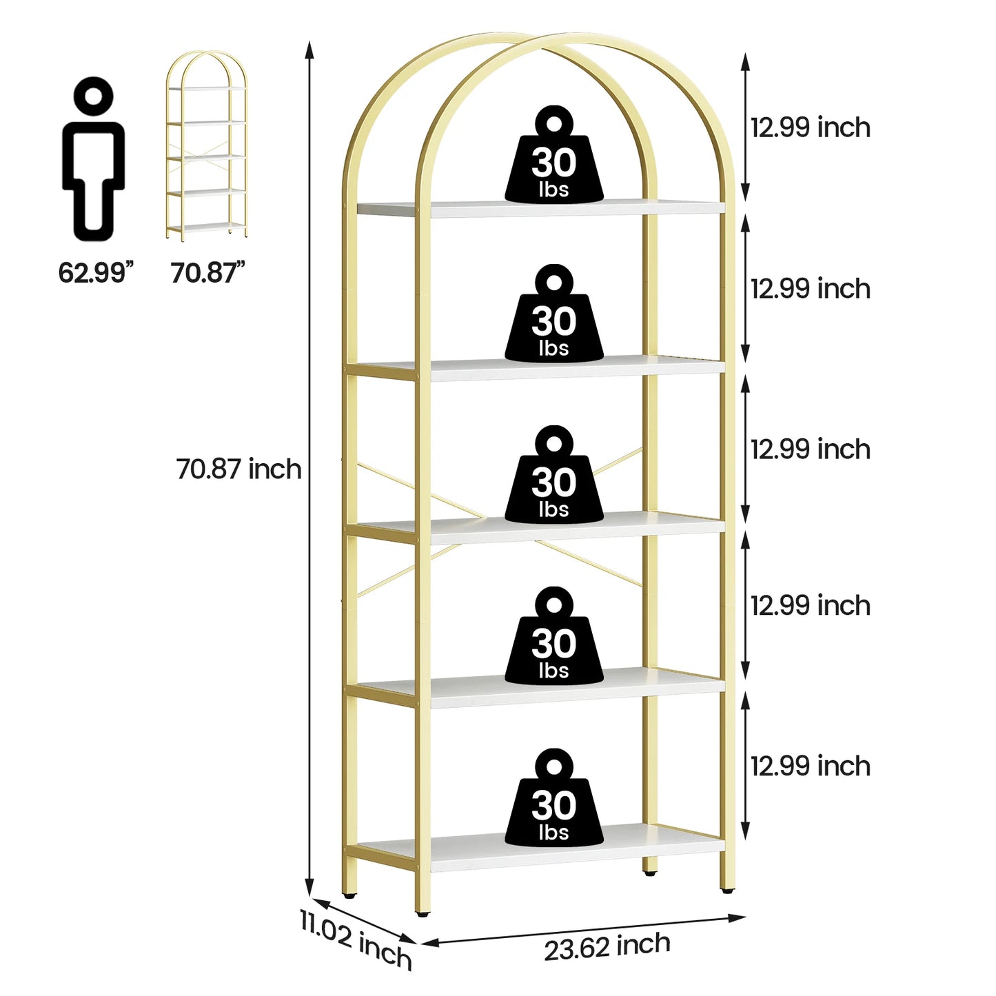 Five Tier Arched Display Bookshelf With Metal Frame