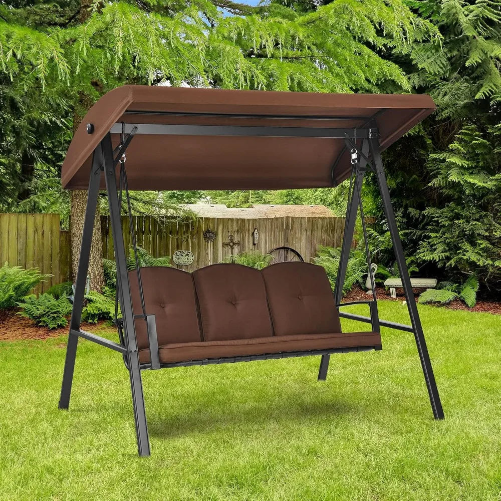 3-Seater Porch Swing, Outdoor Swing with Adjustable Tilt Canopy & Removable Soft Cushions, Powder-Coated Steel Frame Patio Swin