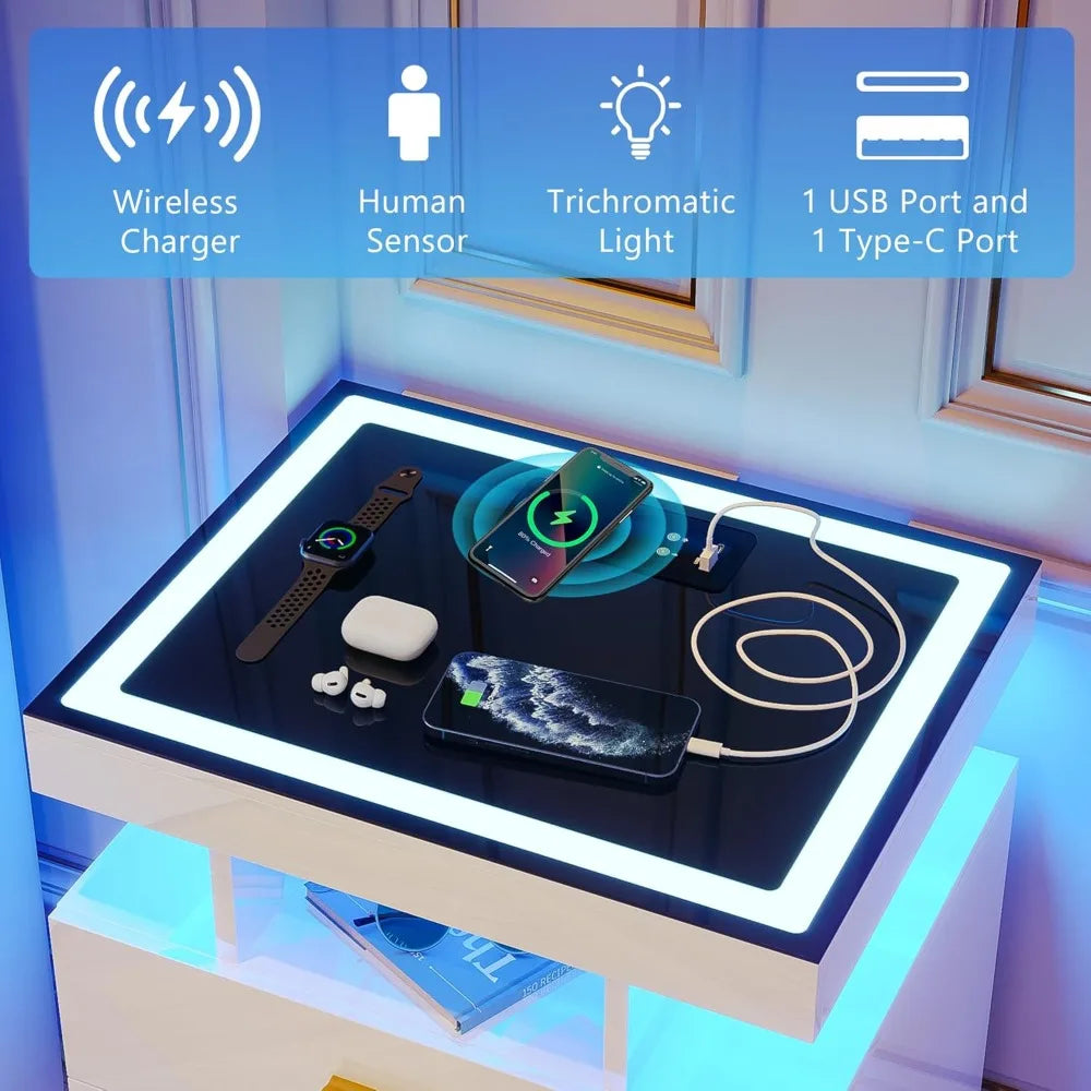 2 Set Nightstands with Wireless Charging Station, Auto Sensor 3 Color Dimmable LED Night Stand, Modern Bedside Table with 3 Dra