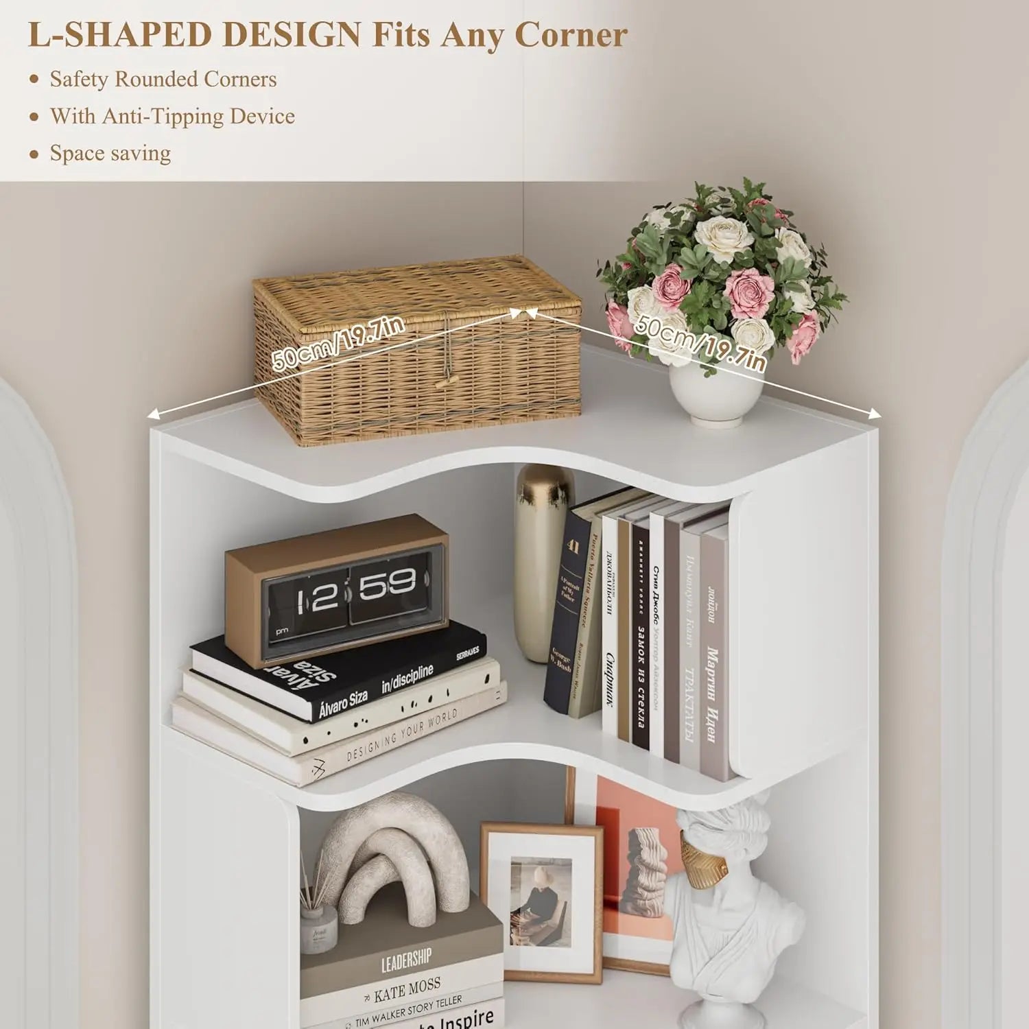 L-Shaped Corner Bookshelf with Drawers and Cubbies, 4-Tier Tall Bookcase for Living Room or Office, White