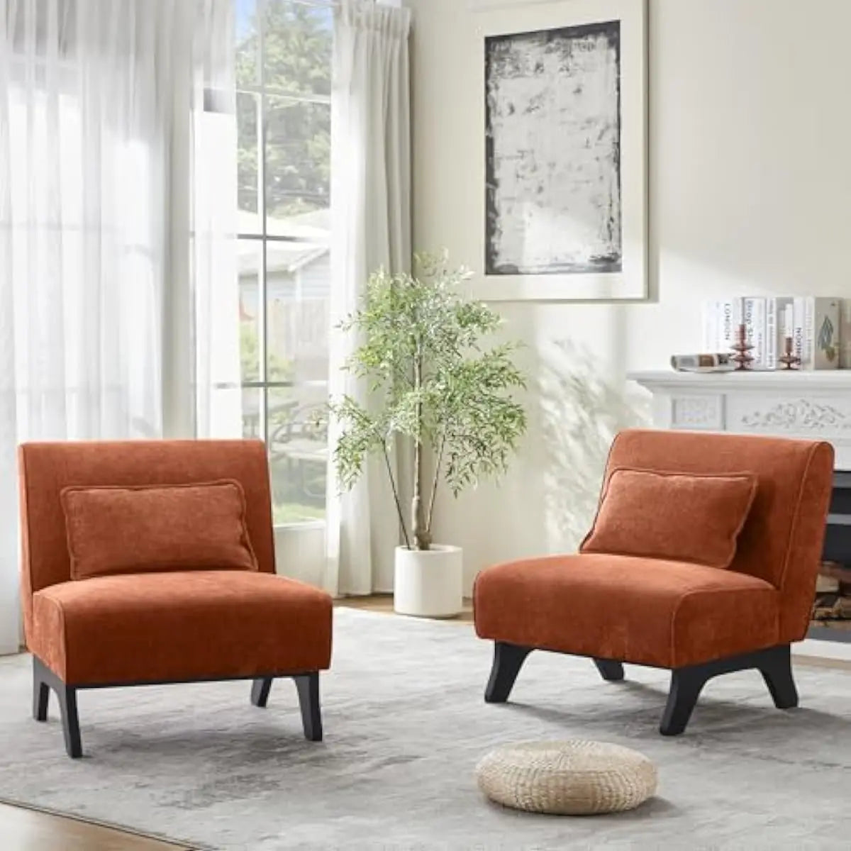 Upholstered armless lounge chairs set of two – wood frame construction with high-density foam cushioning and integrated back pil