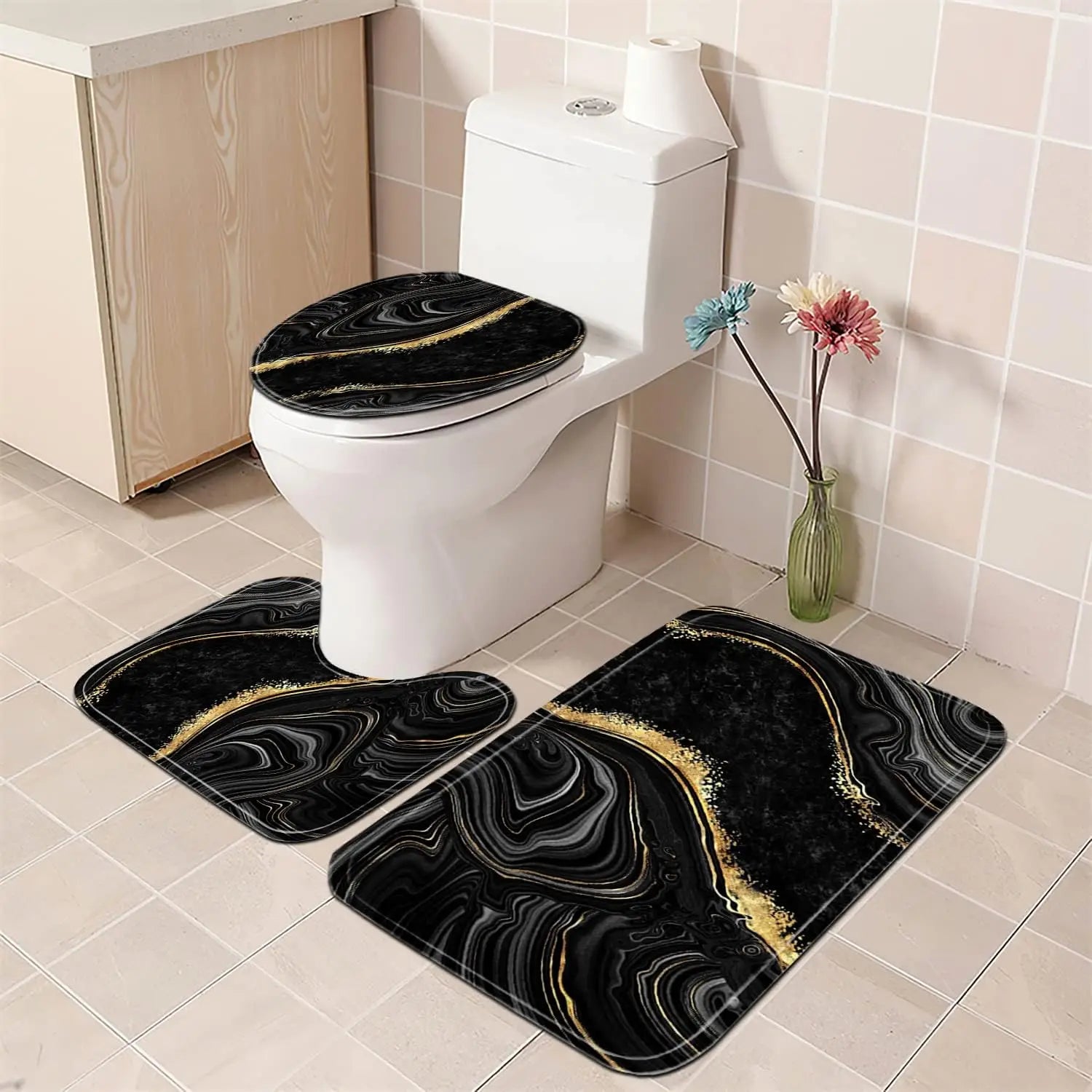 4-Piece Black Marble Shower Curtain Set with Gold Rugs, Modern Abstract Bathroom Decor Accessories Including Toilet Lid Cover