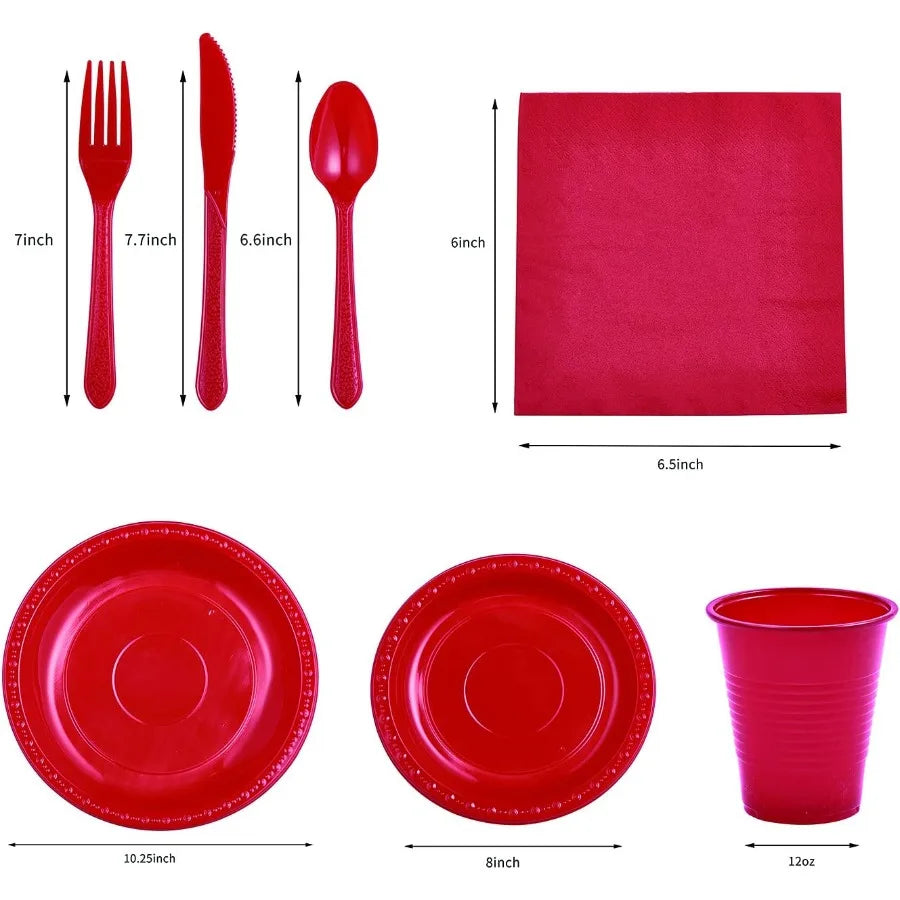 175 PCS Red Plastic Dinnerware Set for Outdoor Events and Gatherings Includes 50 Plates 25 Cups 25 Napkins 25 Cutlery Spoons Fo