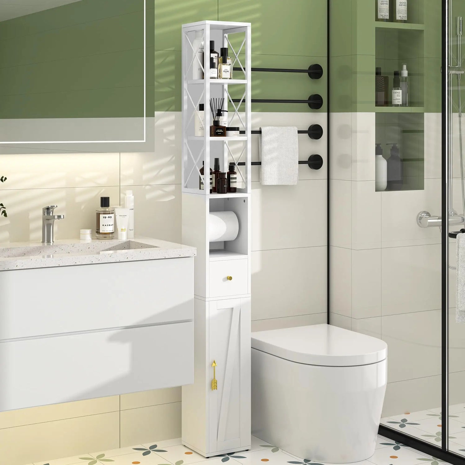 Narrow Bathroom Storage Cabinet With 3 Adjustable Shelves, 71" Tall Freestanding Cabinet With Toilet Paper Holder, Slim T