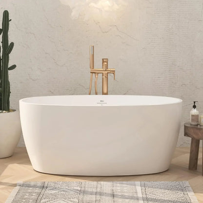 Tahiti 55" Acrylic Freestanding Bathtub, Elegant Oval Shape Soaking Bathtub, Glossy White, Brushed Nickel Drain &amp; Integrated Slo