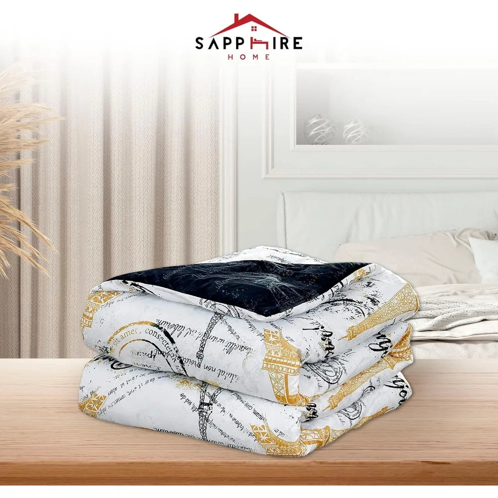 Queen Size Paris Comforter Set in a Bag - 7 Piece Paris Bedroom Comforter Set with Shams, Bedskirt Cushions, Eiffel Tower Beddi