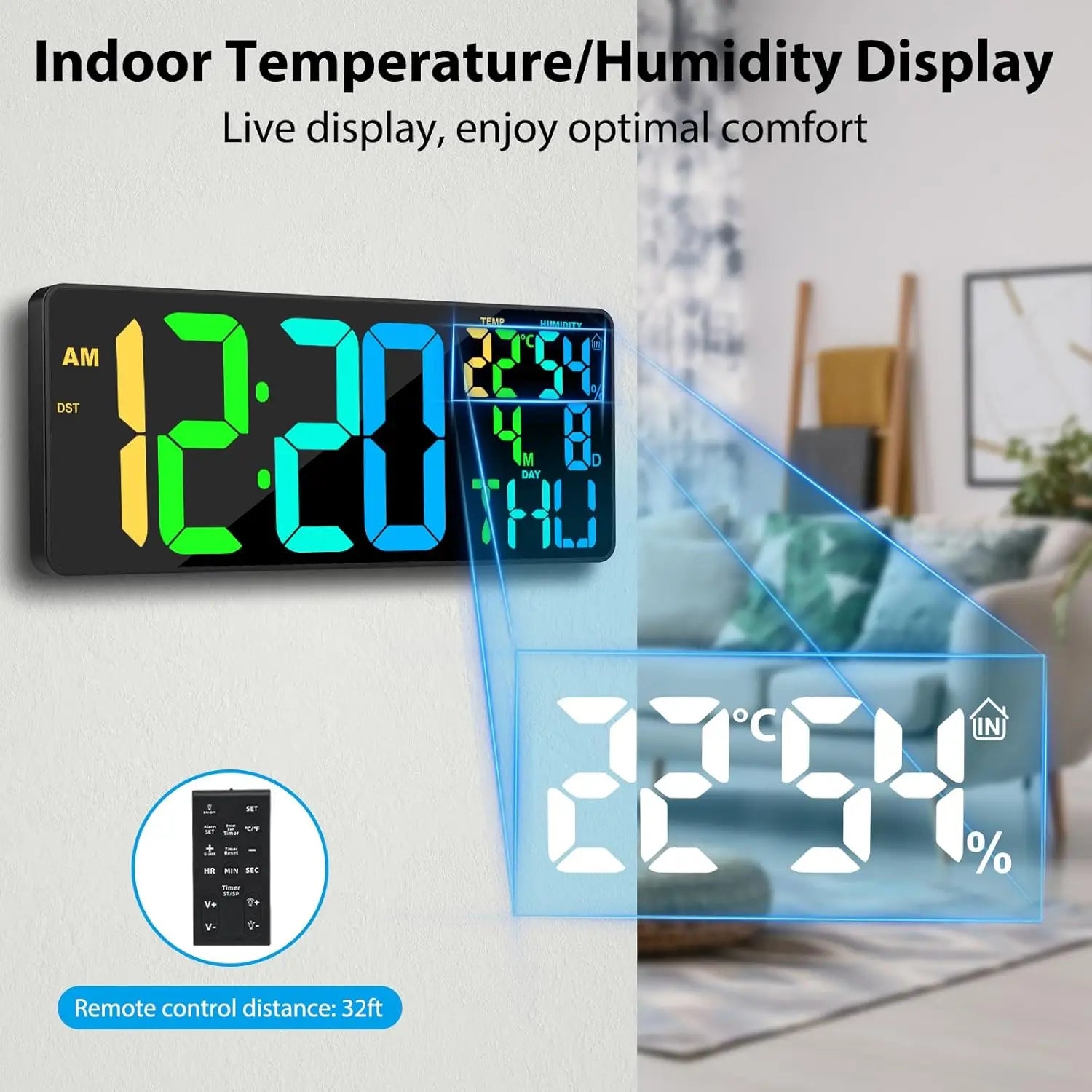18-inch Digital Wall Clock with Bluetooth Sync, 11 RGB Colors, Remote Control, Alarm/Timer &amp; Temperature Display