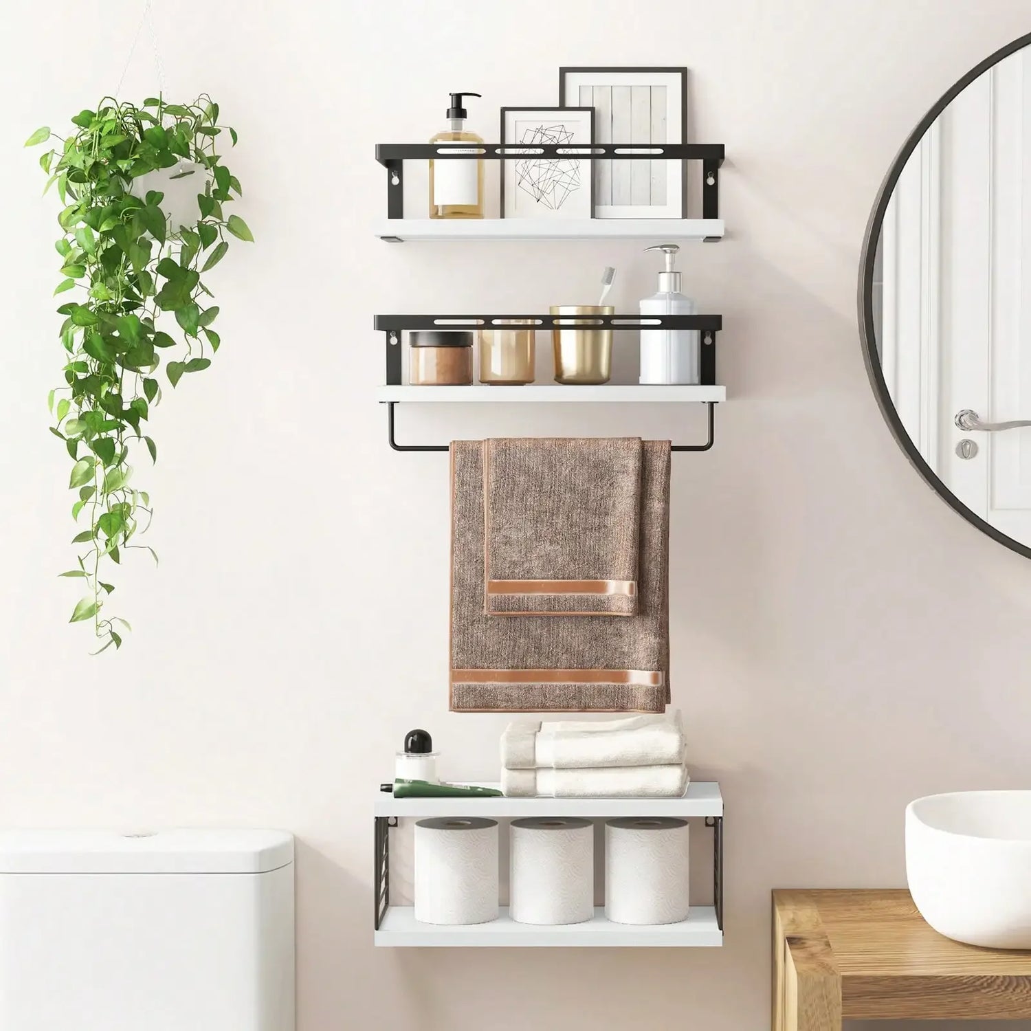 Tomnk Wall Mounted Bathroom Shelves Over Toilet, Rustic Wood Floating Shelves With Metal Frame And Towel Bar For Bathroom, Kitch