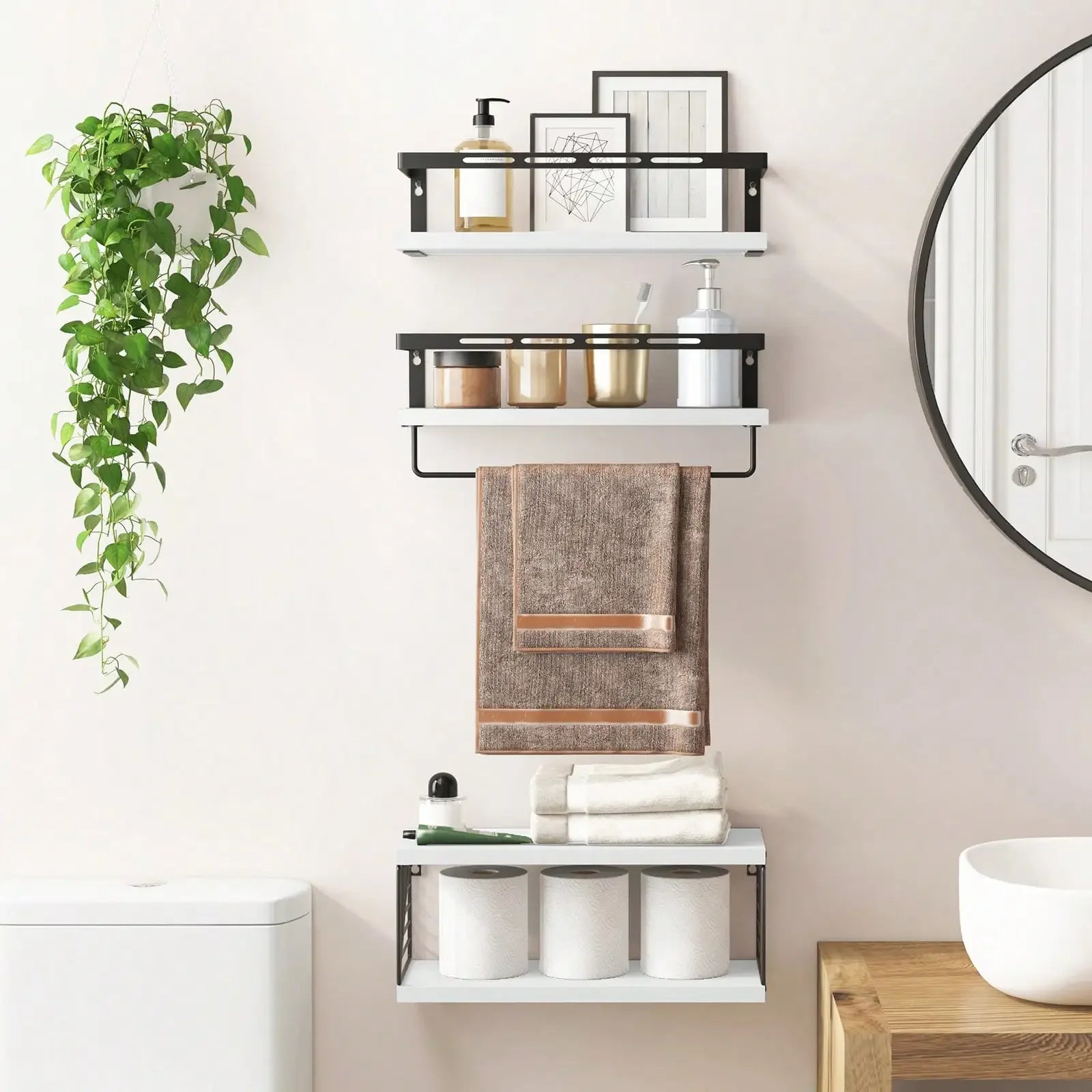 Tomnk Wall Mounted Bathroom Shelves Over Toilet, Rustic Wood Floating Shelves With Metal Frame And Towel Bar For Bathroom, Kitch