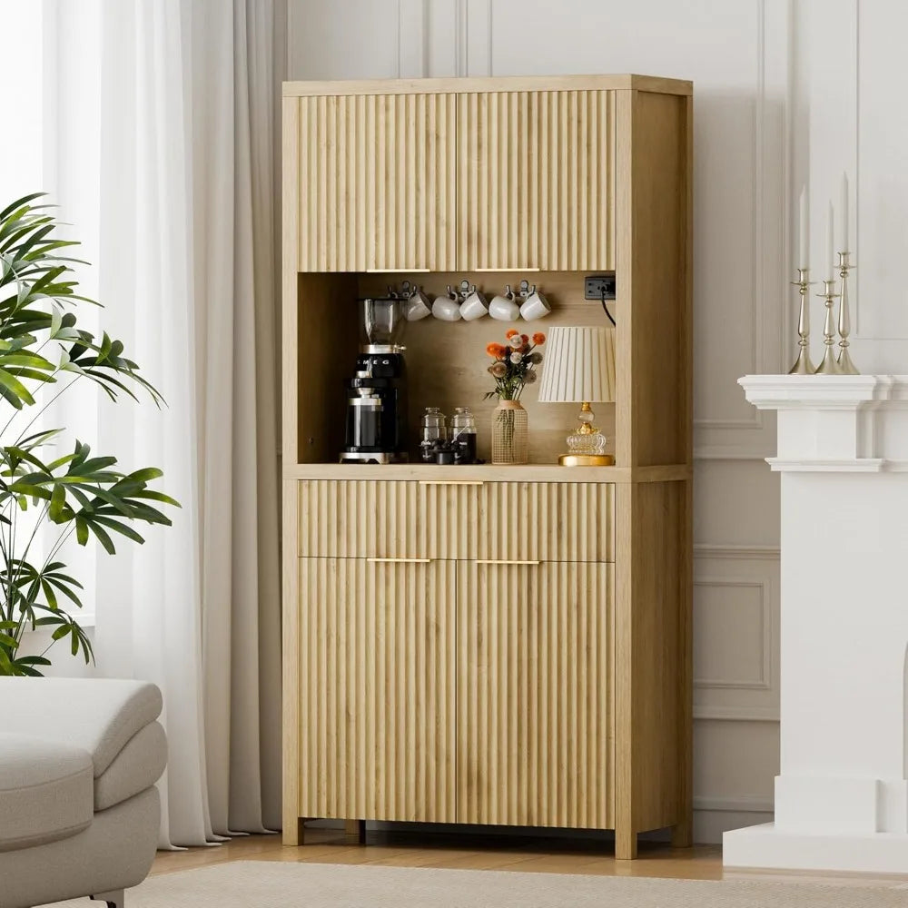 ZHUXIANG Fluted Pantry Cabinet With Charging Station And Adjustable Shelves
