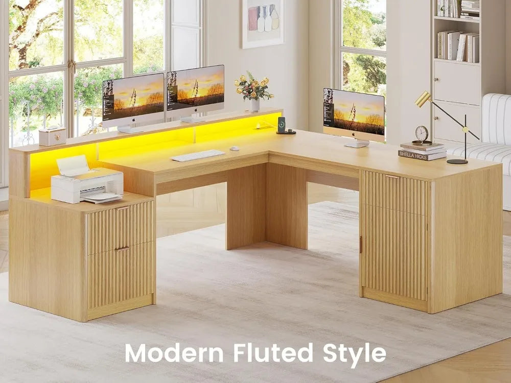 66" Modern L-Shaped Office Desk with Drawers, File Cabinet, Monitor Stand &amp; Power Outlets - Ergonomic Home Office Furniture