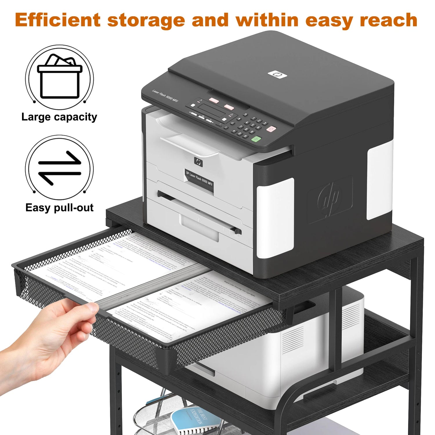 Large Printer Stand w/ Drawer, 5-Adjustable Heights 3 Tier Table w/ Wheels,Printer Cart for Printer Scanner Fax Home Office Use