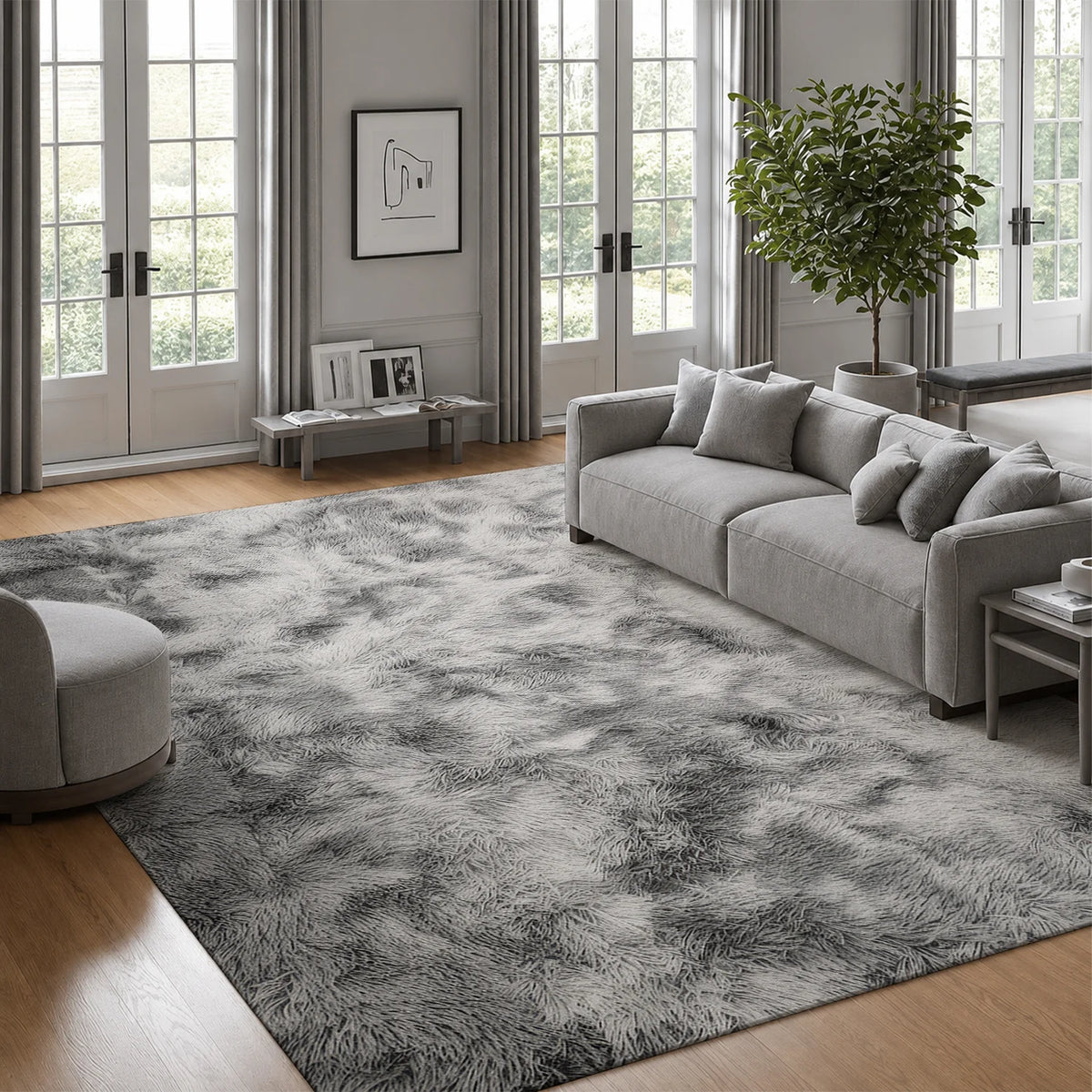 Large Indoor Shaggy Velvet Area Rug, Soft Low Pile, Non-Slip Dotted Backing, Machine Washable, Gray Tie-Dye Pattern, Ideal for Living Room, Bedroom, Cozy Plush Home Floor Decor