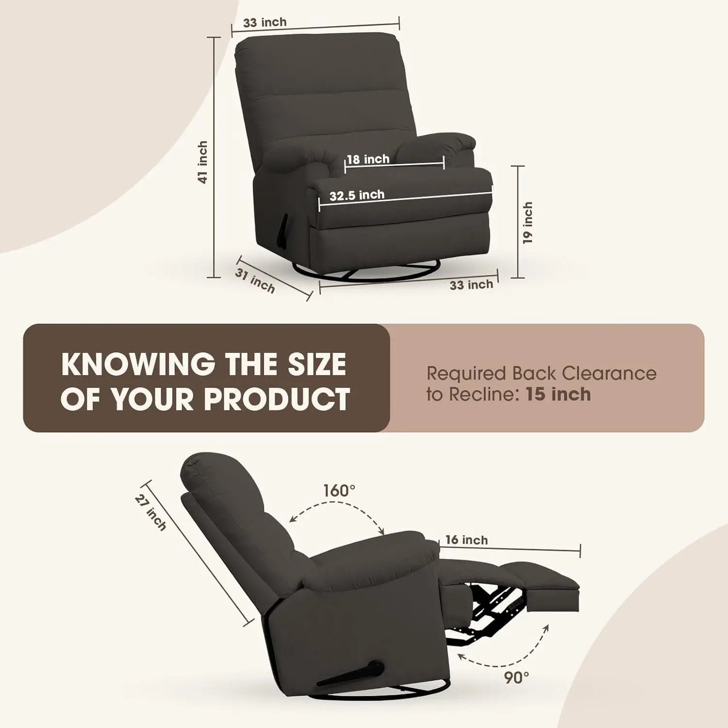 Large Glider Rocker Recliner,eclining Sofa Rocking Chair Nursery,23 Inches Deep Seat & 27 inches High Back，Bed Room‎ (Beige)