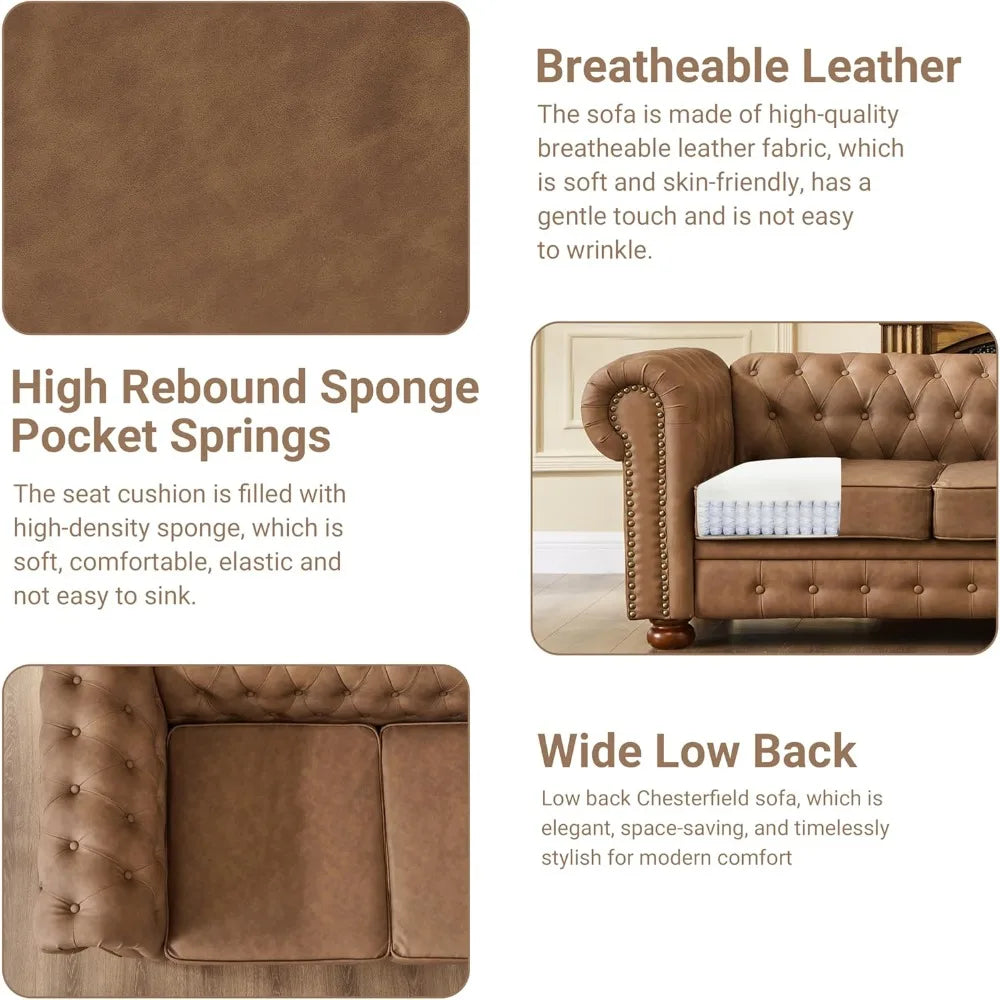 Chesterfield Leather Sofa, 89" Mid Century Modern Couch with Low Back, Roll Arm Nailhead Trim Classic 3 Seater Couch for Living