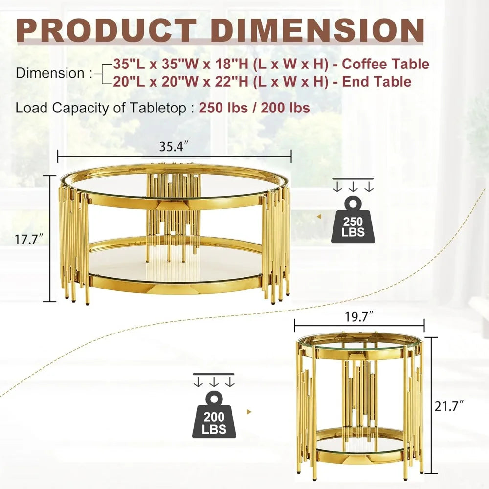 MKDK 3 Piece Glass Coffee Table Set With End Tables Stainless Steel Frames