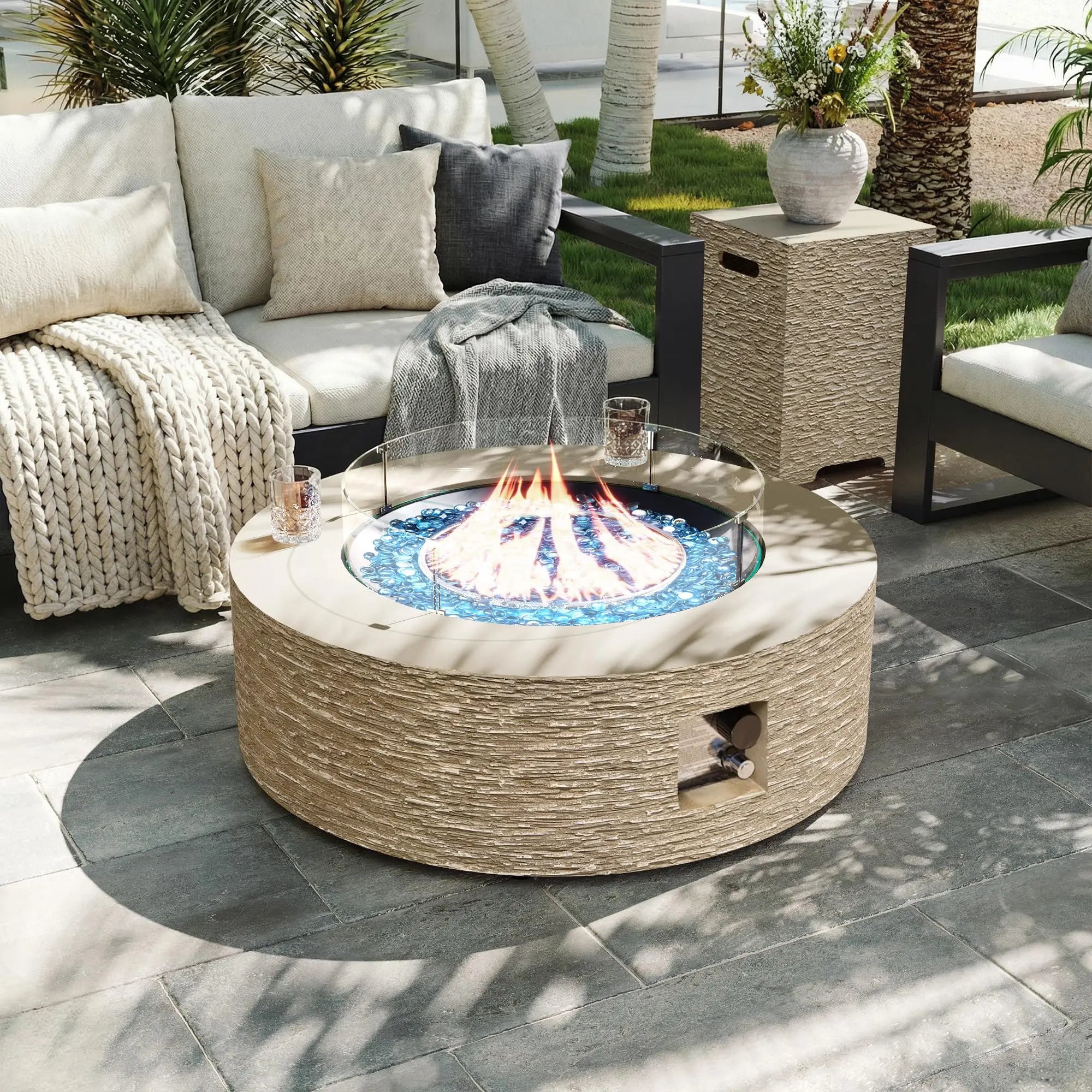 42-inch Outdoor Propane Gas Fire Pit Table 50000 BTU Concrete Round FirePit for Outside Patio with Propane Tank Cover, Wind Guad