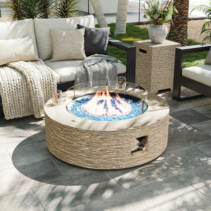 42-inch Outdoor Propane Gas Fire Pit Table 50000 BTU Concrete Round FirePit for Outside Patio with Propane Tank Cover, Wind Guad