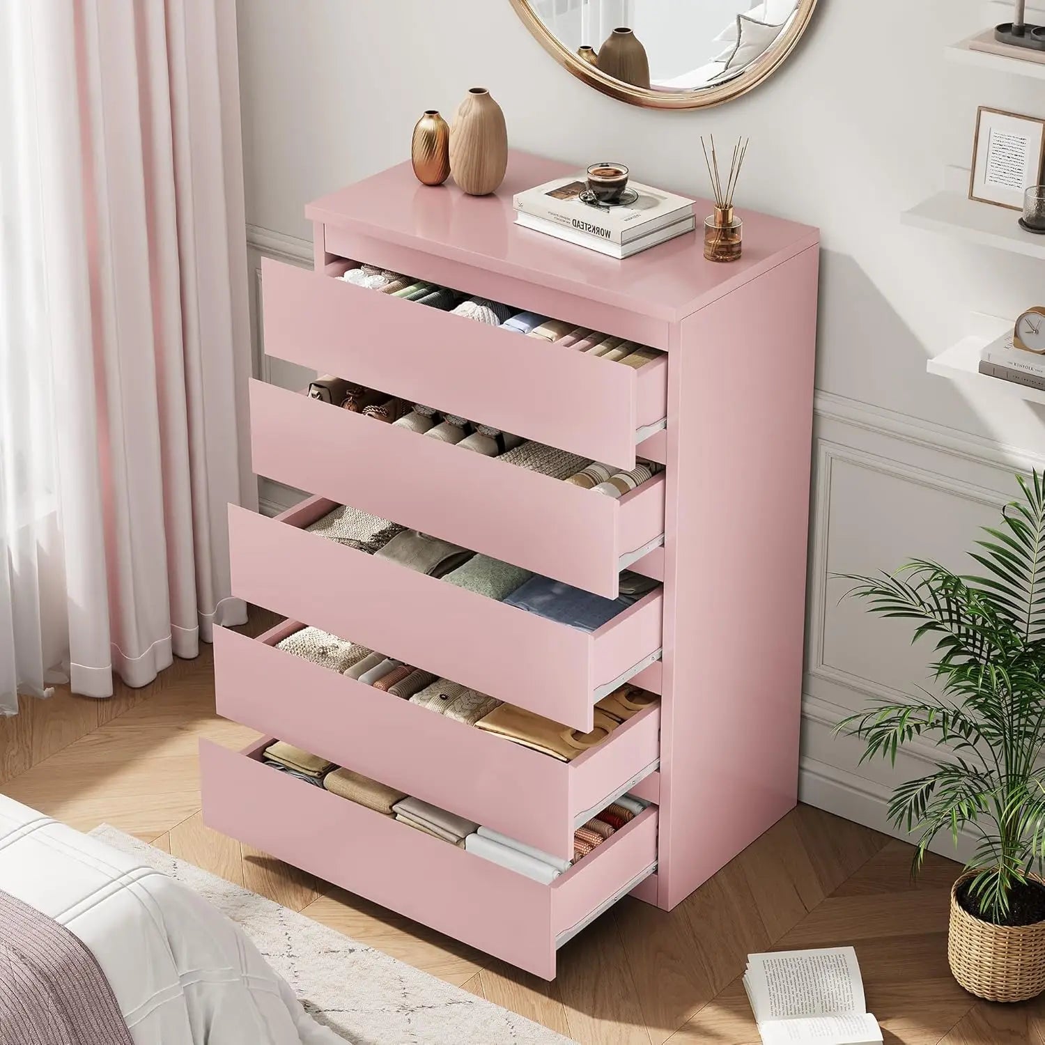 Pink 5 Drawer Dresser for Bedroom, 15" D x 23.7" W x 40.4" H in Modern Chest of Drawers, Wood Storage Dresser with Handleless
