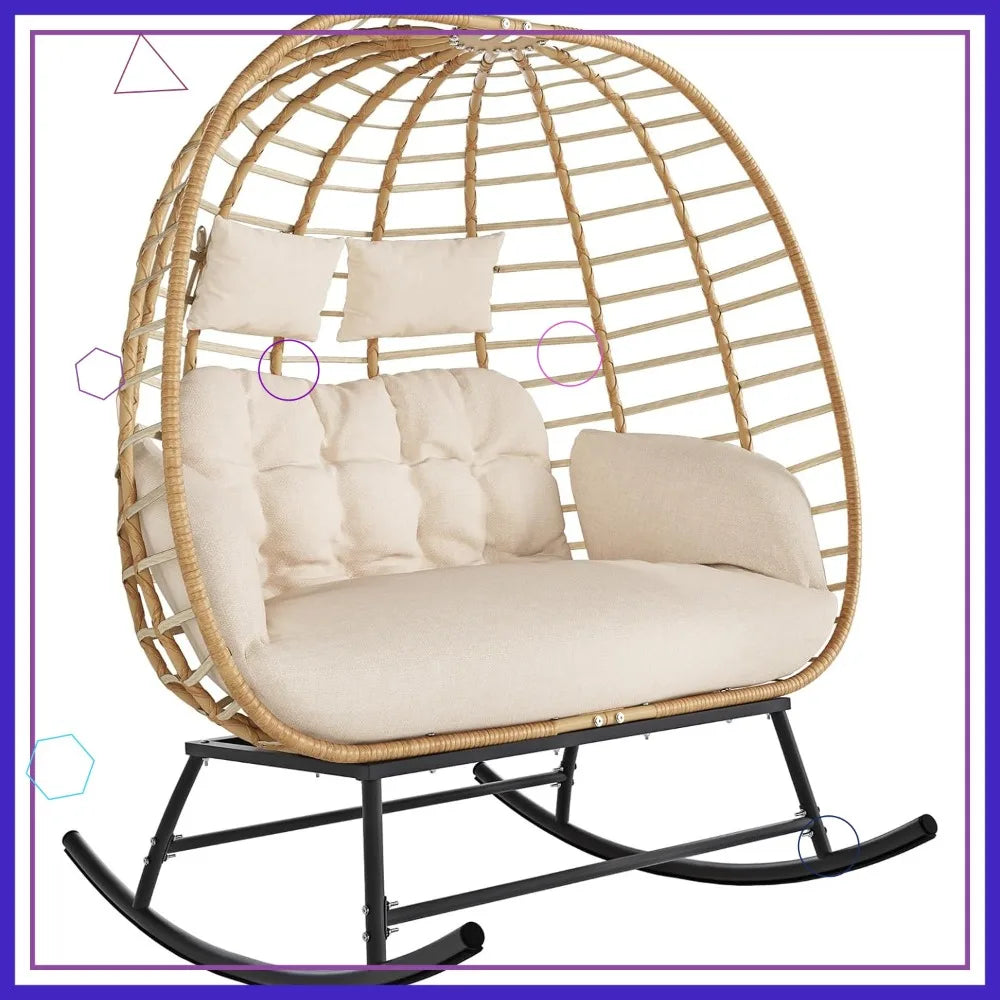 Double Egg Swing Chair Outdoor Indoor 2-Person Wicker Rocking Loveseat with Cushions, Patio Lounge for Balcony Backyard