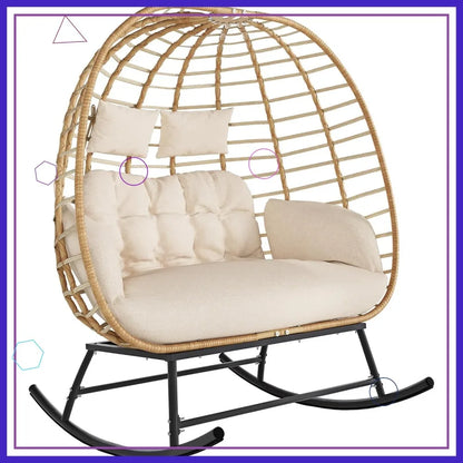 Double Egg Swing Chair Outdoor Indoor 2-Person Wicker Rocking Loveseat with Cushions, Patio Lounge for Balcony Backyard