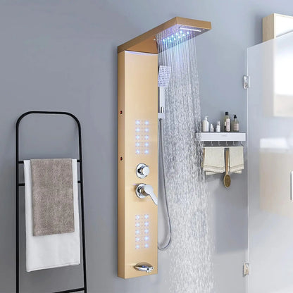 KEMAIDI Stainless Steel Shower Panel Tower System LED Shower Head 5-Function Faucet Rain Massage System with Body Jets Shower