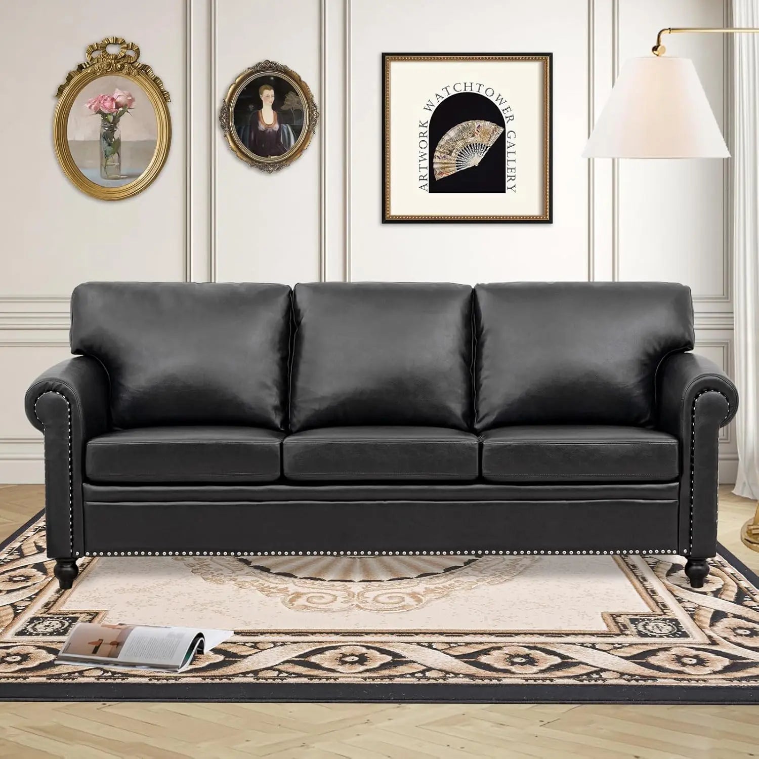 Brown Faux Leather Chair，Mid Century Modern Accent Chair Set for Office Bedroom Living Room with Deep Seats Detachable Cushions