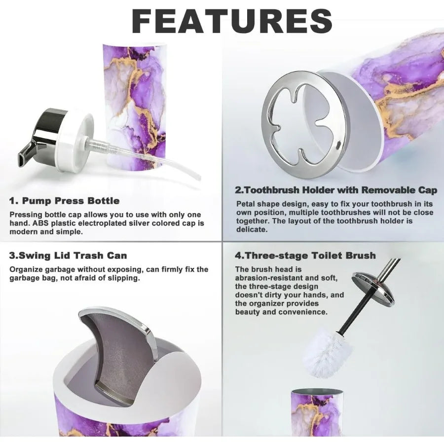 Bathroom Accessory Set 6 Piece Purple Gold Abstract Marble Liquid Ink Art Painting Paper Toothbrush Holder Toothbrush Cup Soap