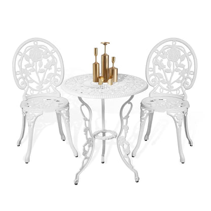 3pc Cast Aluminum Bistro Set, Rose Pattern Outdoor Garden Balcony, Rust &amp; All-Weather Resistant, White, Customized