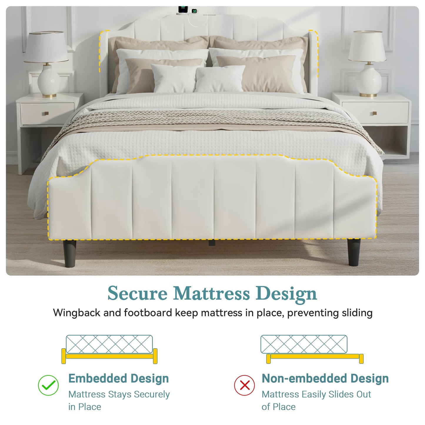 HOOMIC Velvet Platform Bed Frame With Headboard And Charging Station