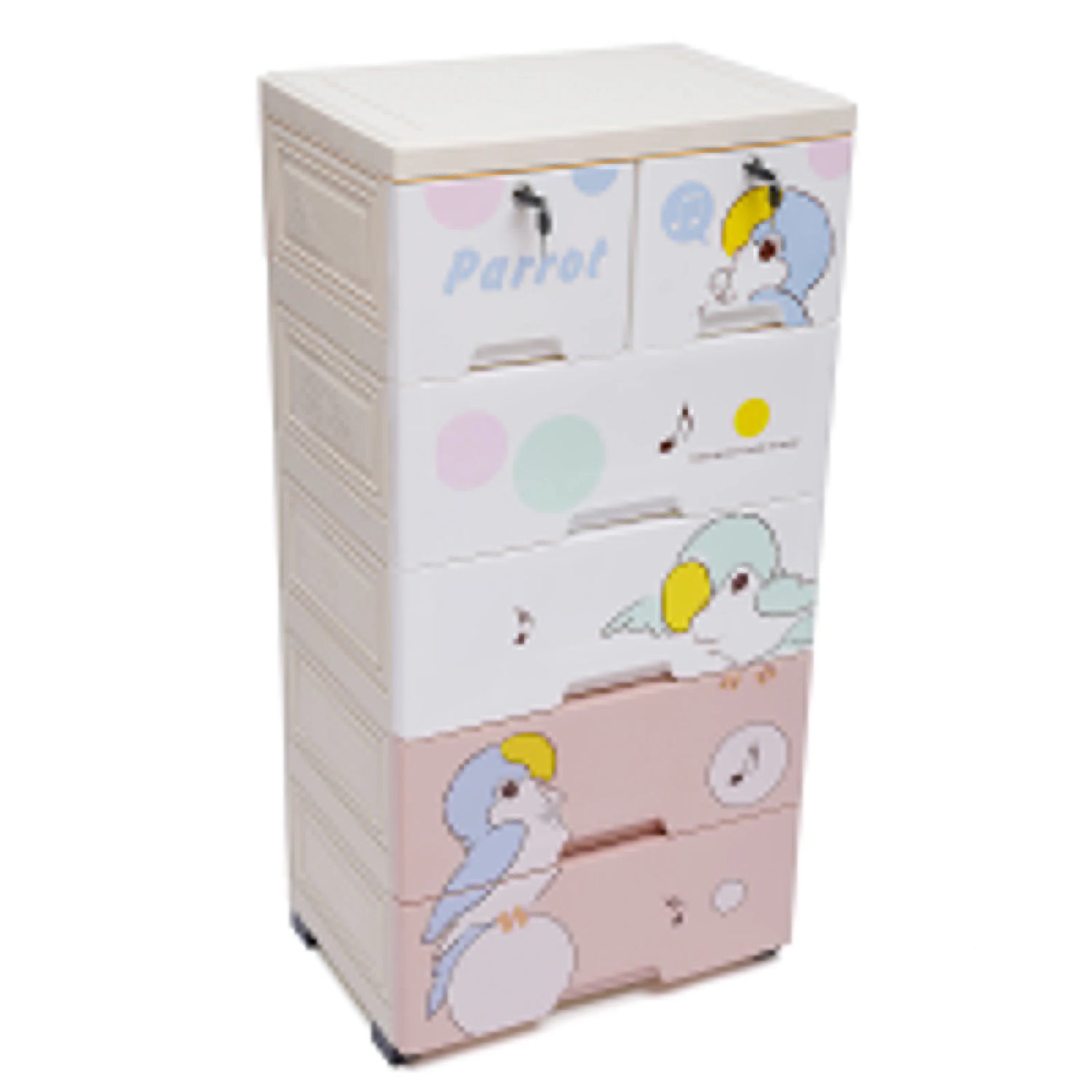 Modern Rolling Parrot Plastic Dresser Storage Cabinet 5 Layers 6 Drawer Bedroom Furniture Home Organizer for Clothes with Lock