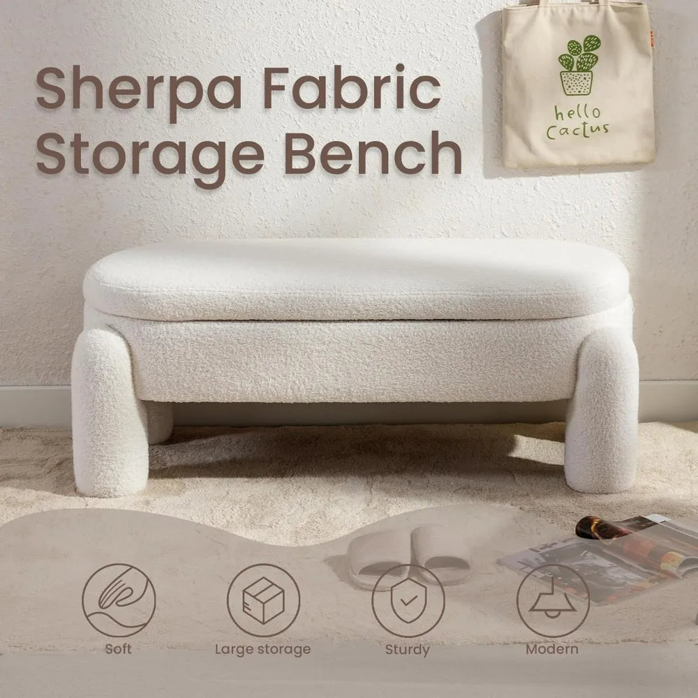Modern Storage Bench, 44.7 Inch Upholstered Ottoman Bench Sherpa Fabric End of Bed Stool, Cute Entryway Bench for Bedroom Living