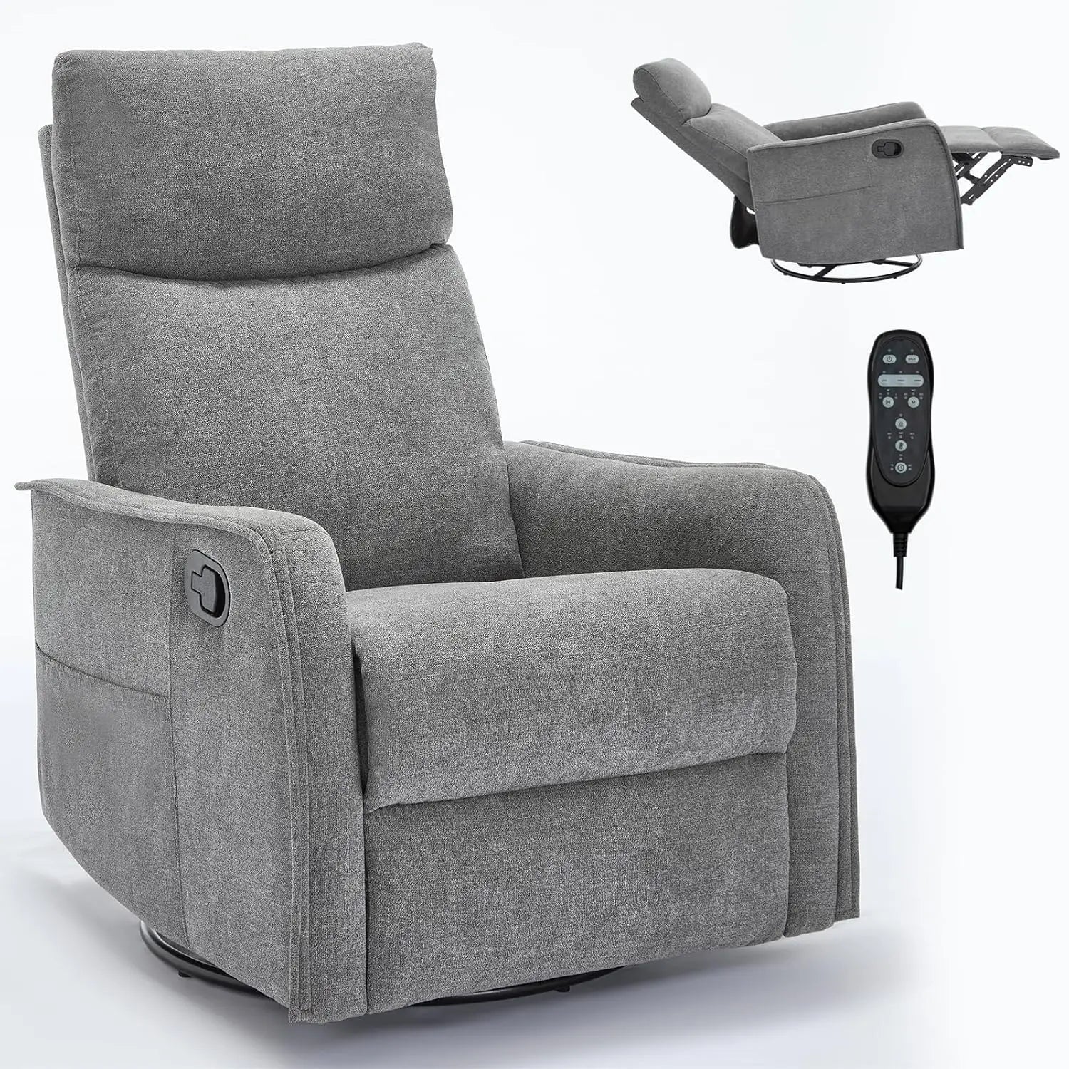 Heat Massage Manual Recliner Chair with Rocker &amp; 360° Swivel, Fabric Upholstered Reclining Armchair with Lumbar, Customized