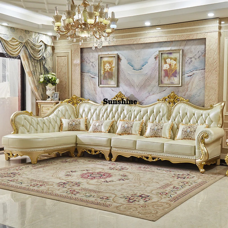 Luxury European Royal Wedding Living Room Sofa Set Solid Wood Genuine Leather L-Shaped Sofas Couch for Living Room