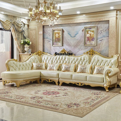 Luxury European Royal Wedding Living Room Sofa Set Solid Wood Genuine Leather L-Shaped Sofas Couch for Living Room