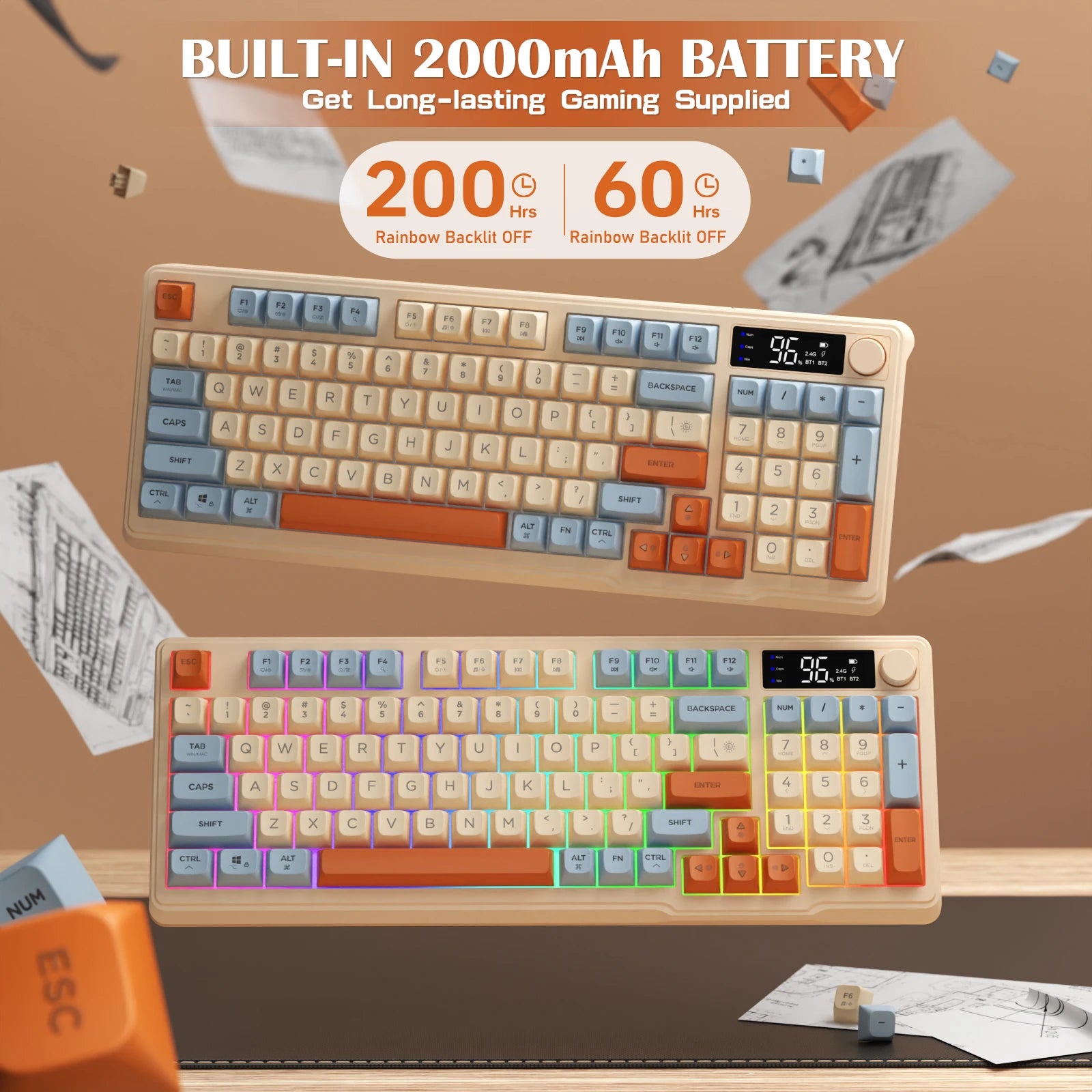 ZIYOU LANG Wireless Gaming Keyboard with Display Screen &amp; Knob, Bluetooth/2.4GHz Quiet Membrane Keyboard, 3000mAh Rechargeable