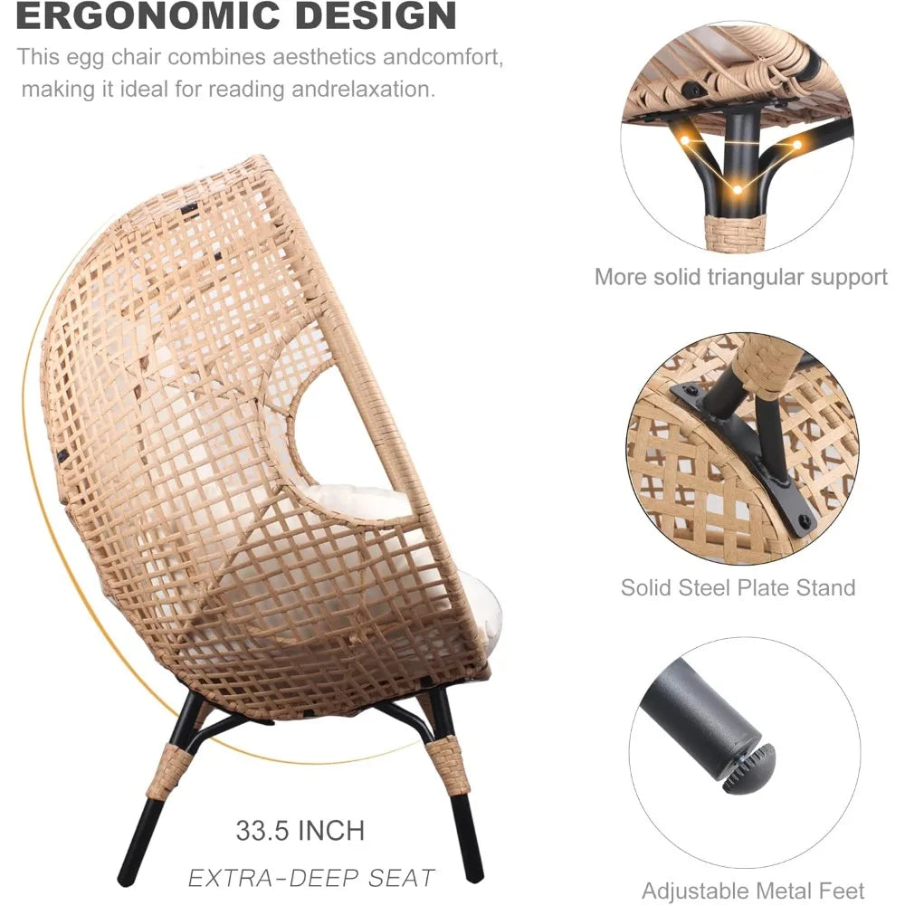 2 Pcs Oversized Wicker Egg Chair with Cushion, 500lbs Capacity, Indoor Outdoor Rattan Patio Lounge for Living Room Balcony