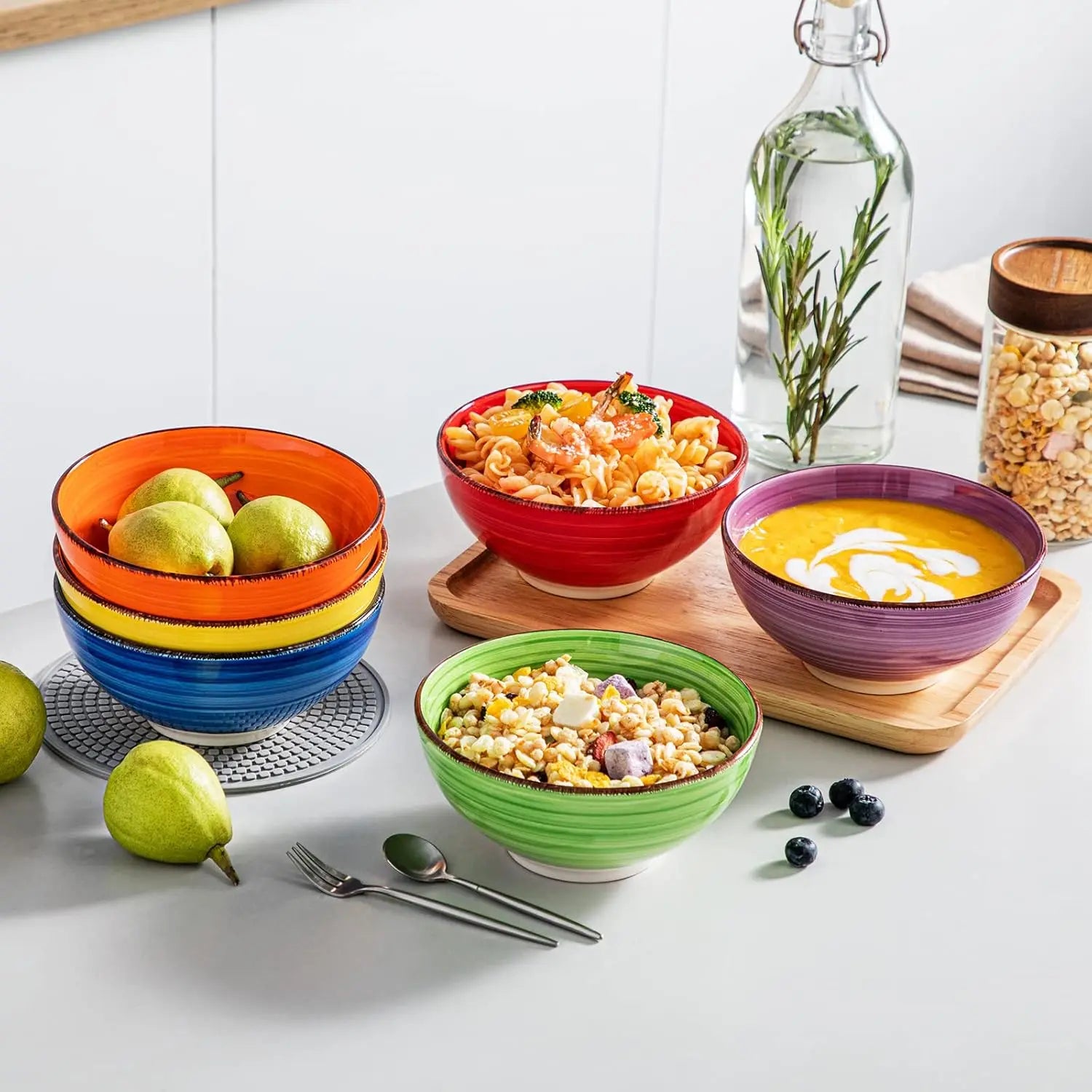 Set of 6 Colorful Ceramic Soup Bowls, 27 Oz Microwave &amp; Dishwasher Safe Kitchen Serving Bowls
