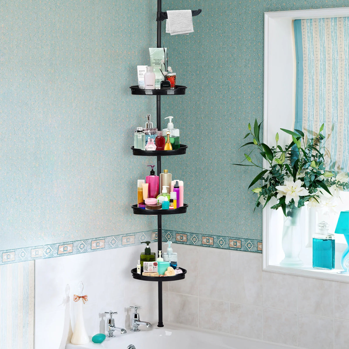 Corner Shower Caddy with Tension Pole 4-Tier Adjustable Shelves Bathroom Storage Organizer with Rubber Pad,101.6 - 122 Inch H