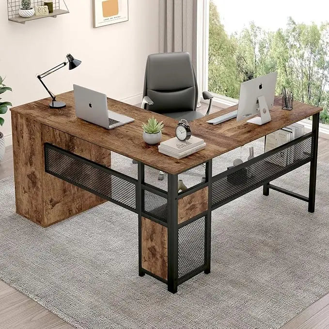 L Shaped Computer Desk With Storage Cabinet And Metal Frame